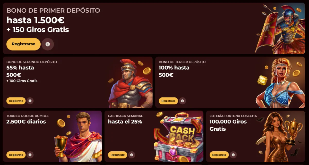 Promociones de Roman Casino con bonos de depósito, giros gratis, cashback semanal y premios diarios