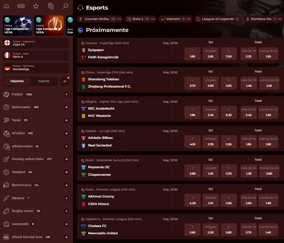 Sección de apuestas deportivas y esports de Roman Casino con partidos de fútbol, cuotas y mercados de apuestas
